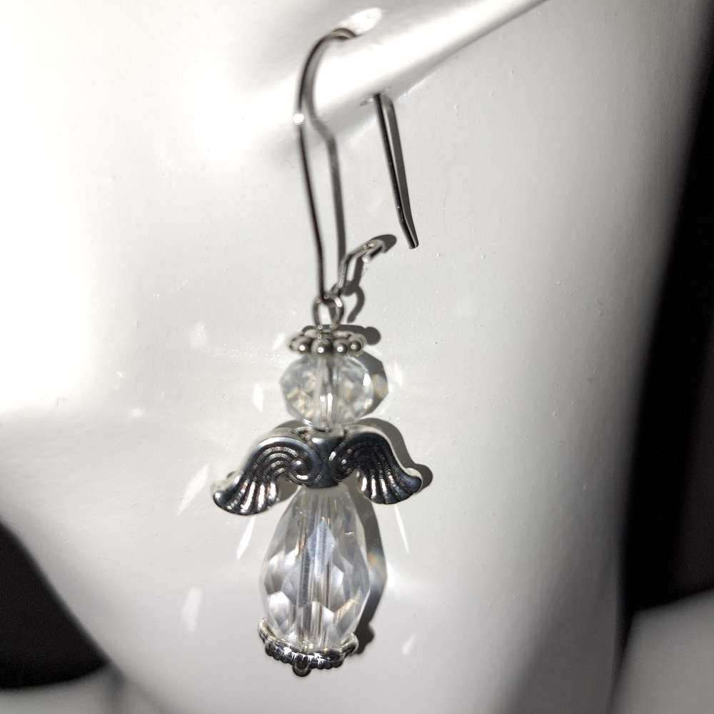 Clear Crystal Angel Earrings in Antique Silver
